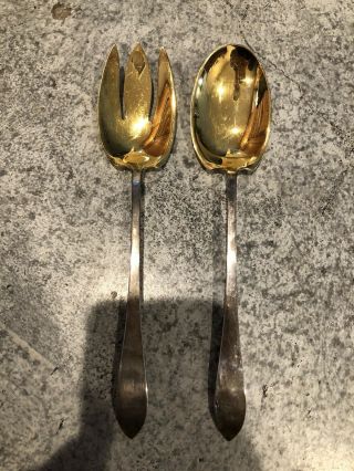 Vintage Tiffany & Co Faneuil Sterling Silver 2 Piece Salad Fork Spoon Set Gold