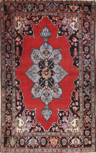 Vintage Geometric Ardebil Oriental Area Rug Wool Hand - Knotted Medallion 4x7 Red