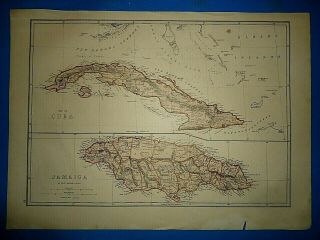 Vintage Circa 1876 Cuba - Jamaica Map Early Old Antique Folio Size