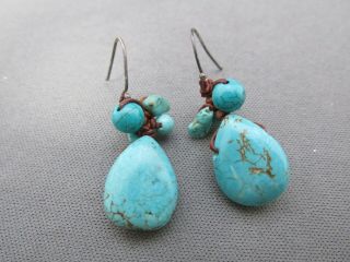 Vintage Sterling Old Pawn Nylon Cluster Turquoise Dangle Pierced Earrings