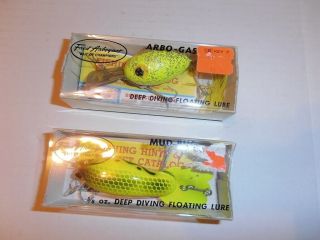 Vintage Fishing Lures (2) Fred Arbogast Mud - Bug And Arbo - Gaster In Boxes
