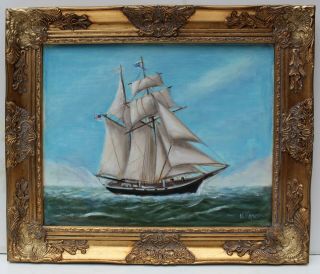Vintage Oil Painting On Canvas,  Seascape,  Sailing Ship In The High Sea,  Signed