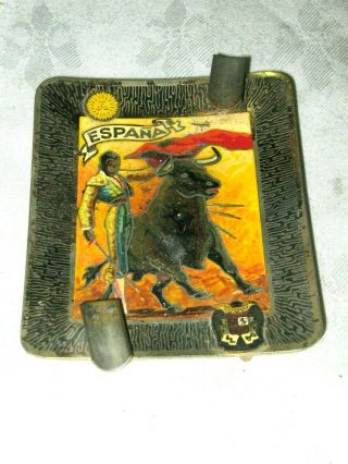 A Retro Enamel Copper Spanish Bull Fighter Spain Coat Of Arms Badged Ashtray