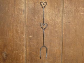 19th C Old Early Wrought Iron Folk Art 2 Heart Meat Flesh Fork Hearth Utensil