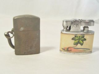 Two Vintage Small Cigerette Lighters/ Brass Military ?? Mother Of Pearl ??