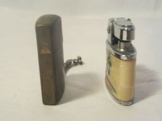 TWO VINTAGE SMALL CIGERETTE LIGHTERS/ BRASS MILITARY ?? MOTHER OF PEARL ?? 2