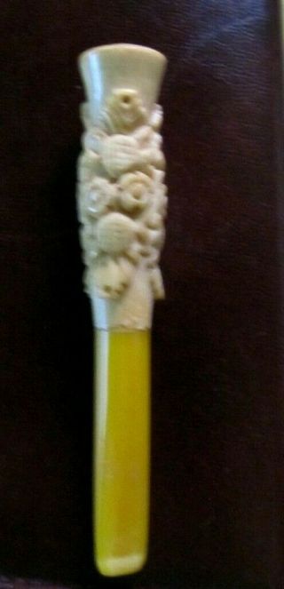 Antique Cigarette Holder Butterscotch Bakelite Mouthpiece w Carved end 3