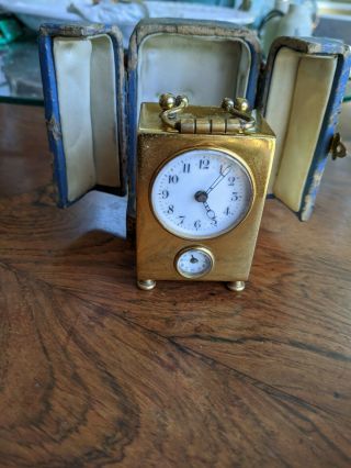 Antique Gilt Brass Sonnerie Petite Carriage Clock In Leather Case
