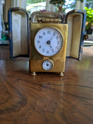 Antique Gilt Brass Sonnerie Petite Carriage Clock In Leather Case 2