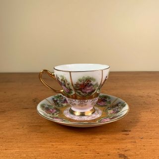 Vintage Royal Vienna Porcelain Love Story Tea Cup & Saucer White & Pink Stamped