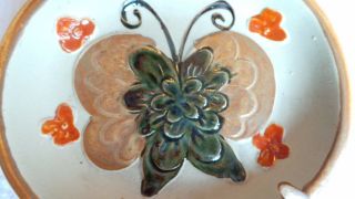 Ashtray Pottery Ashtray Medium Butterfly in Center Flowers.  Southwest 3