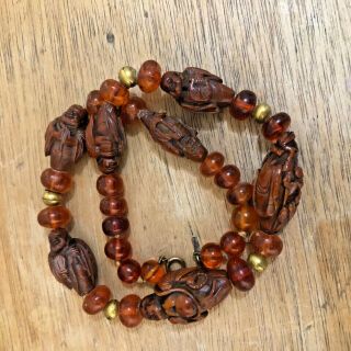 Antique Chinese Hediao Carved Nut Bead Buddha Amber Bead Necklace Signed