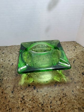 Vintage Small Emerald Green Glass Square Ashtray - Glows.  4 3/4 