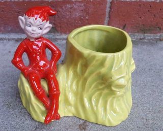 Vintage Red Pixie Elf Sitting On Chartreuse Tree Stump Figural Ceramic Planter