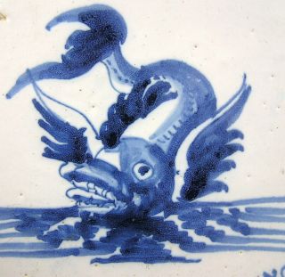 Pair Antique 18th Century Dutch Delft Tiles Dolphin Fish Sea Serpents 5 " Square
