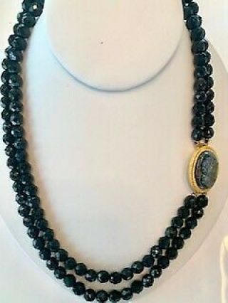 Vintage Hematite Carved Cameo With 2 Strands Of Faceted Crystal Jet Beads.