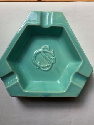 Vintage French Ceramic Triangular Ashtray Aqua Turquoise Blue Monogram Sg