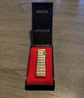 Vintage Nesor Butane Lighter - With Box/paperwork - Gold Plaid Slim Vtg