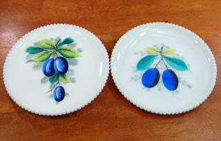 Vintage Westmoreland Beaded Edge Milk Glass Plate Hand - Painted Fruit Plums 7.  5 "