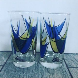 Set 2 Vintage Mid Century El Mercer Stained Glass Drinking Glasses 5” Tumblers