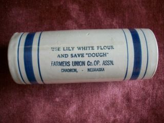 Antique Vintage Blue & White Advertising Stoneware Crock Rolling Pin