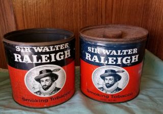 2 Vintage Sir Walter Raleigh Smoking Tobacco Metal Can 1 Has Lid Old 14 Oz Empty