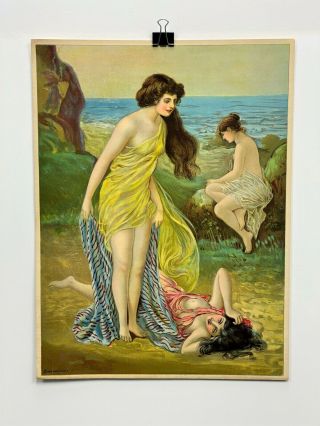 Vintage 1930s Victorian Pin - Up Girl 20 " Poster Art Risque Sultry Ladies At Sea