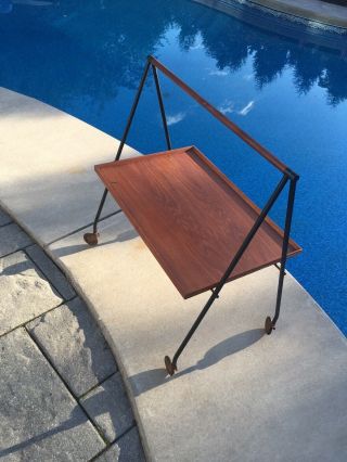 Vintage Mid Century Danish Modern Teak Wood Iron A Frame Folding Tea Cart Table