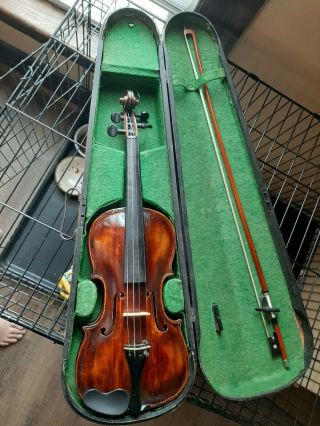 Antique Violin With Coffin Case And Bow