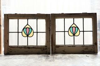 Antique Stained Glass Windows Three (3) Color Art Nouveau Tulips (3107)