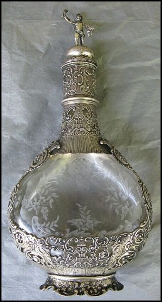 Hanau? Antique? German Silver Mounted Etched Engraved Glass Decanter Germany