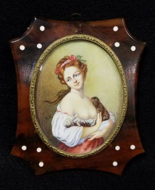 Antique Miniature Oil Painting Nude Woman Holding Puppies