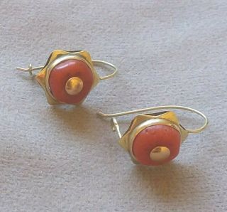 Antique 14 K Yellow Gold And Red Coral Earrings