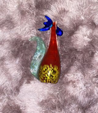 Vtg Murano Italian Hand Blown Red/ Cobalt Art Glass Rooster Figurine 9 3/4 " Tall