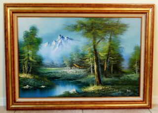 Orig Vintage Signed Rosina 43x31 " Landscape Oil Painting Canvas Gold Wood Frame