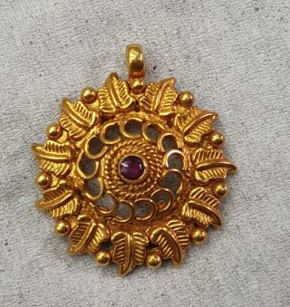Ancient Found 20k Gold Ra Mughal Empire Queen Lovly Pendant With Garnet Gemstone