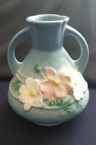 Vintage Roseville Pottery Two Handled Vase,  Blue Cosmos Pattern Model 9444 - 4