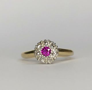 Antique Victorian 18k Yellow Gold Red Ruby Old Mine Cut Diamond Crown Halo Ring