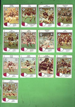 D404.  1975 Manly Warringah Sea Eagles Scanlens Rugby League Cards,  All 13 Cards