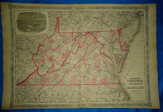 Vintage Civil War Period 1864 Map Virginia - West Virginia Old Authentic