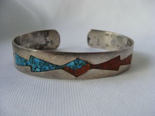 Vintage Navajo Sterling Silver Cuff Bracelet Crushed Turquoise & Red Coral Inlay