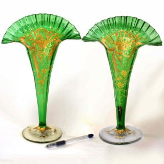 Magnificent,  14 " Tall - Antique Moser Vases - Gold Enamel,  Green Uranium Glass
