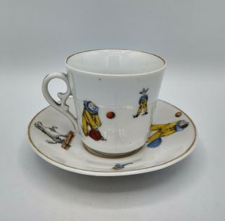 Vintage Porcelain Tea Cup & Saucer Set Circus Rodeo Transfer Design
