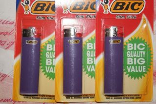 Bic Lighters " Slim Flick " Set Of (3) Purple Collectible In Package (uat - 5)