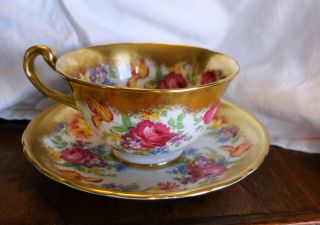 Vintage Royal Chelsea Cabbage Roses Tulips Heavy Gold Gild Trim Tea Cup Saucer