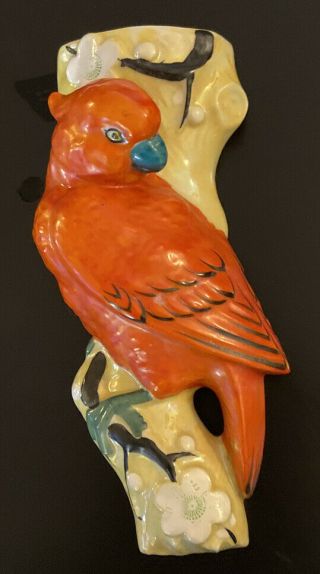 Vintage Hand Painted Orange Cockatoo Or Parrot Wall Pocket - Made In Japan - Ex.