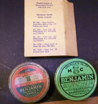 Vintage Benjamin Air Rifle Pellet Tins And Contents Also Sample Pouch & Display