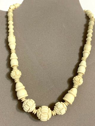 Vintage Carved Bovine Bone Necklace 16 " Graduated Beads 1940s?