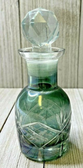 Vintage Cut To Clear Dark Green Glass Vanity Top Perfume Bottle W/ Stopper