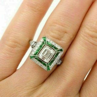 Vintage & Antique Fine Wedding Sapphire Ring 3 Ct Emerald Diamond 14k White Gold